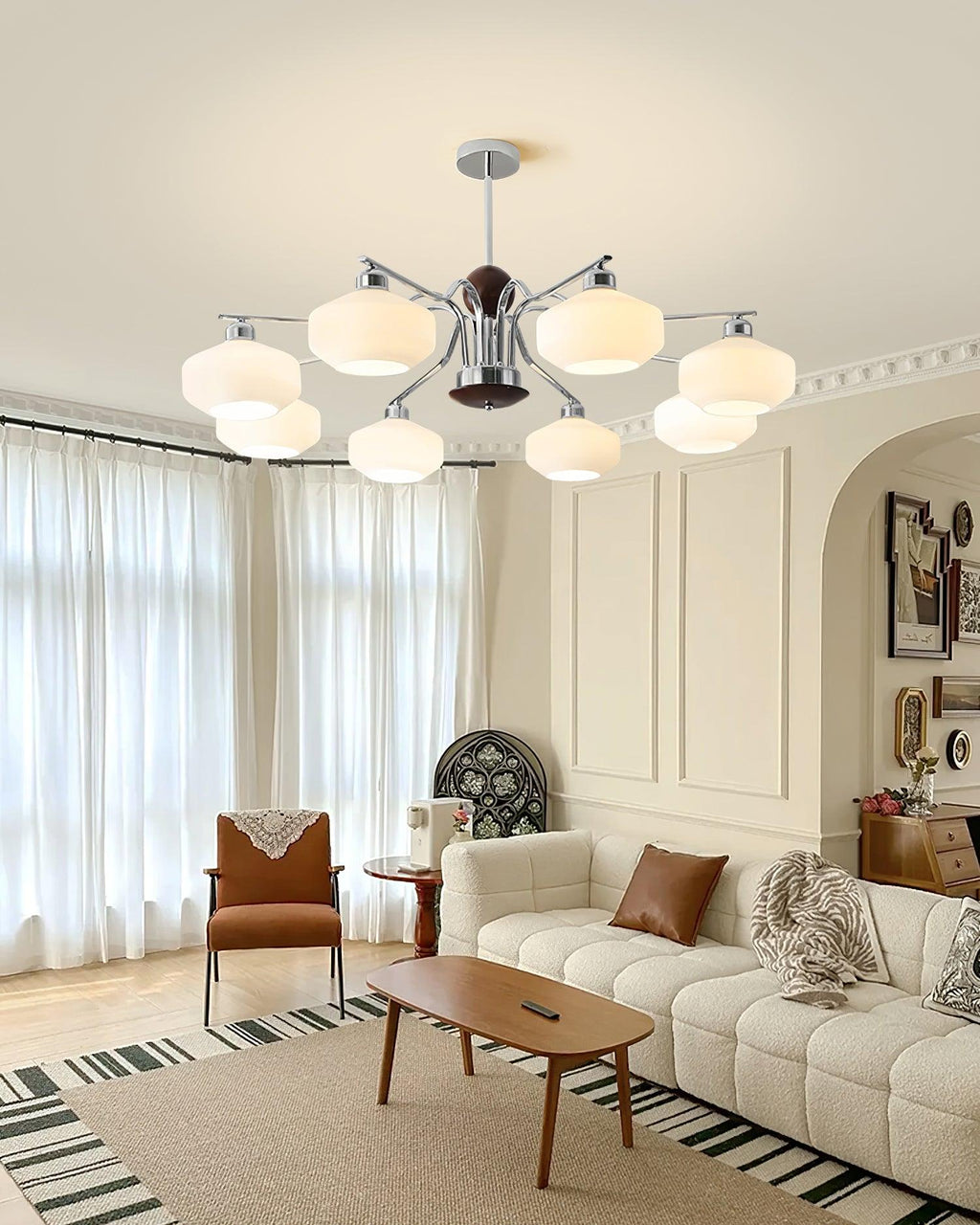 Chandelier White Glass Shades Chrome Walnut Arms Retro