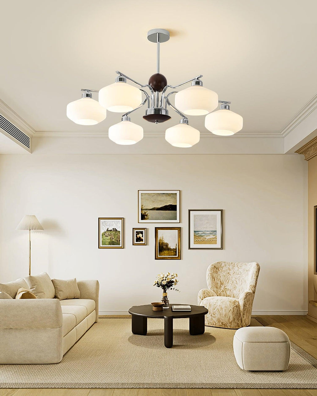 Chandelier White Glass Shades Chrome Walnut Arms Retro