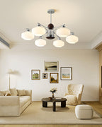 Chandelier White Glass Shades Chrome Walnut Arms Retro