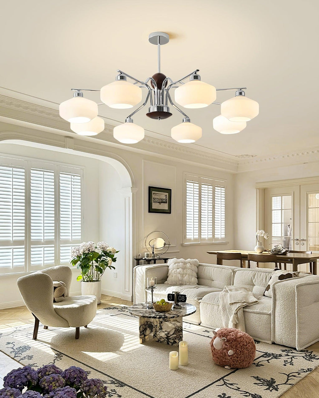 Chandelier White Glass Shades Chrome Walnut Arms Retro
