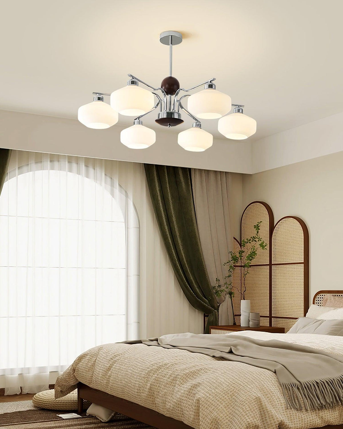 Chandelier White Glass Shades Chrome Walnut Arms Retro