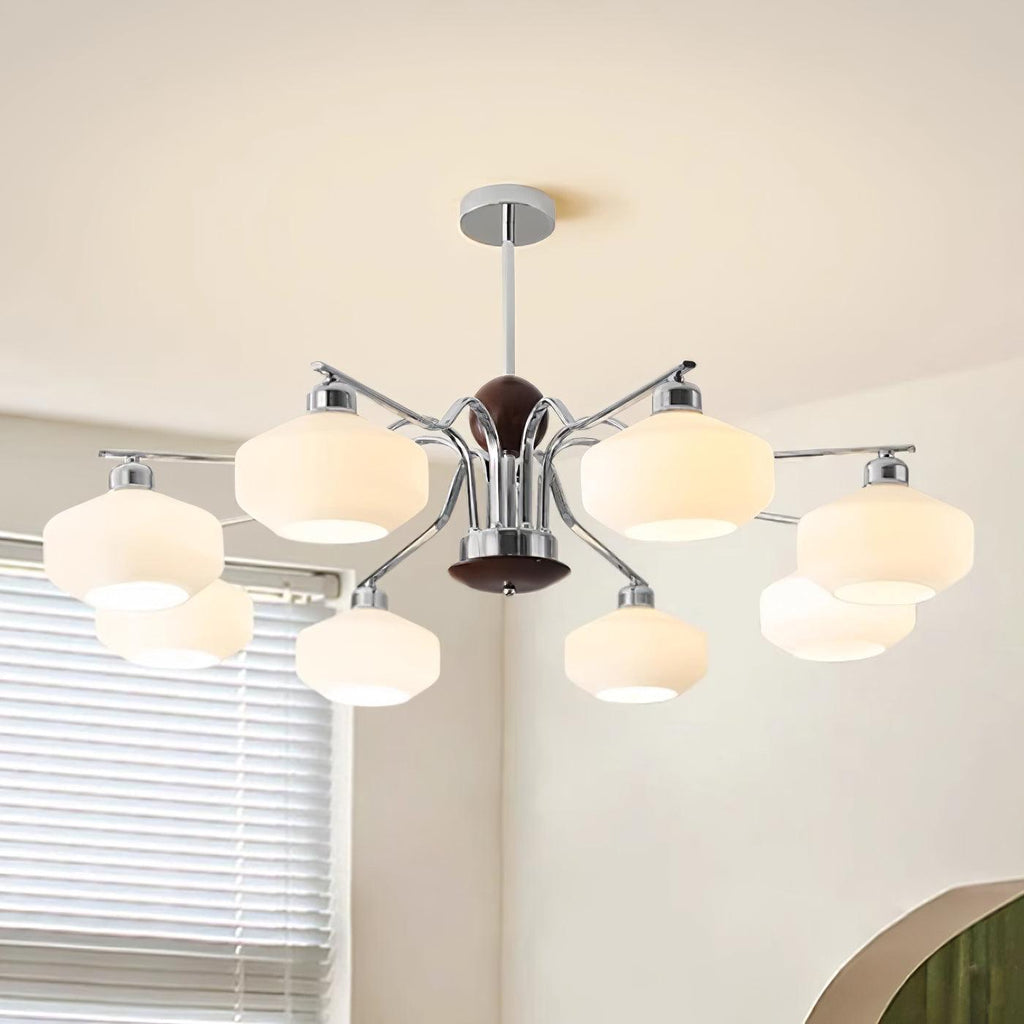 Chandelier White Glass Shades Chrome Walnut Arms Retro