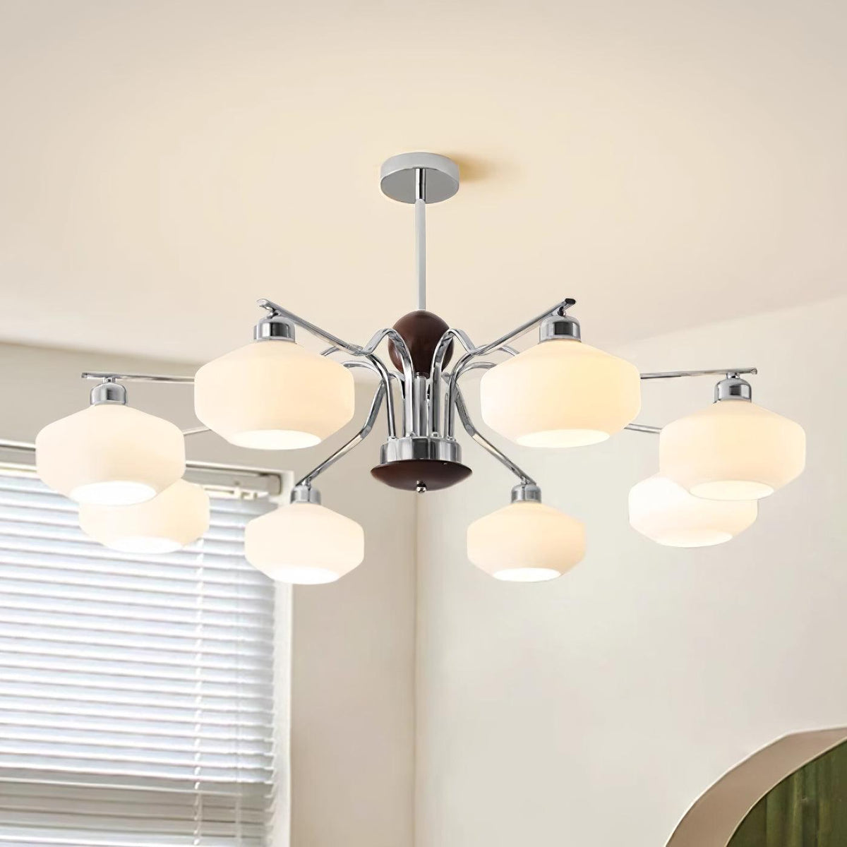 Chandelier White Glass Shades Chrome Walnut Arms Retro