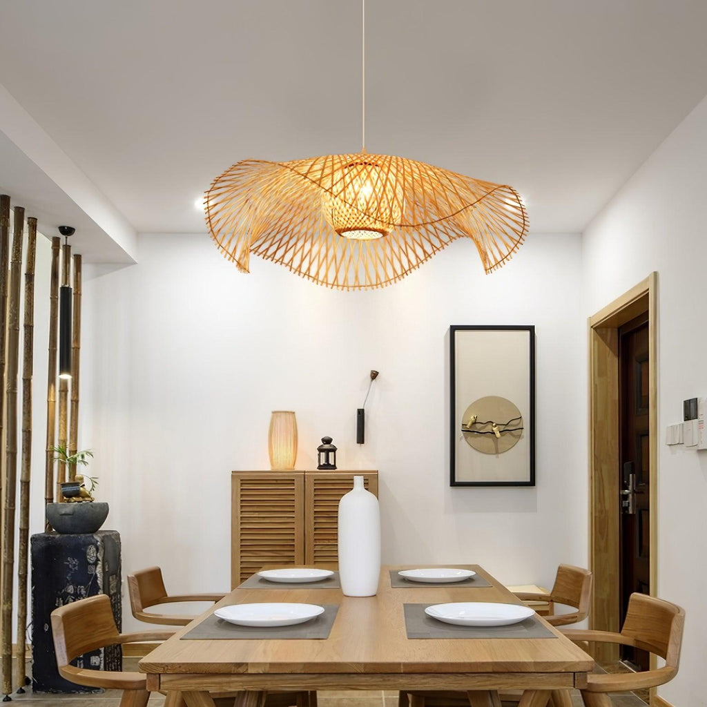 Pendant Lamp Bamboo Lotus Leaf Shape Open Weave Natural