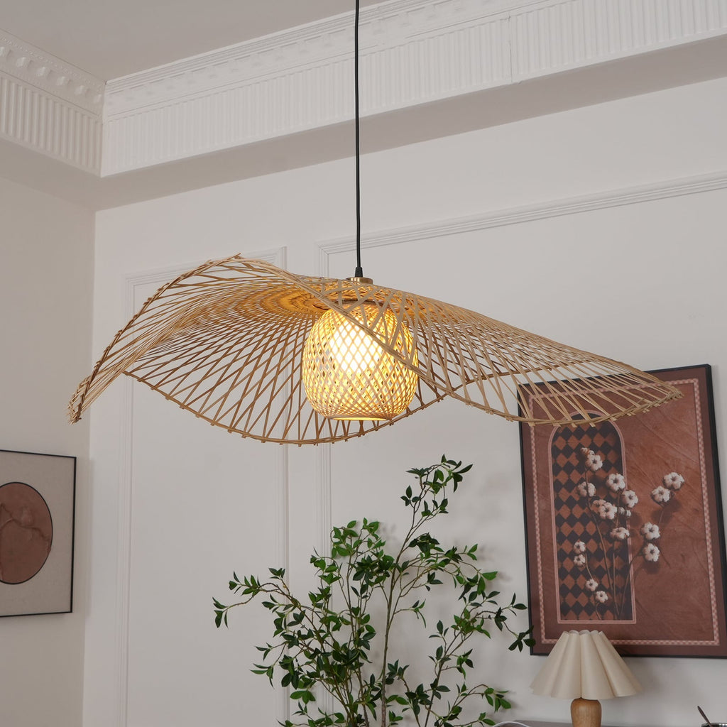 Pendant Lamp Bamboo Lotus Leaf Shape Open Weave Natural