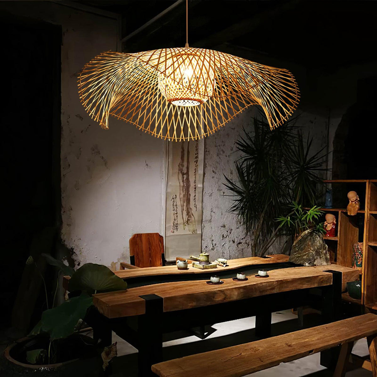 Pendant Lamp Bamboo Lotus Leaf Shape Open Weave Natural
