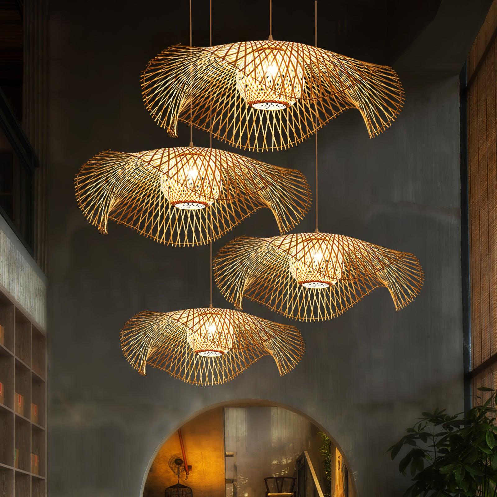 Pendant Lamp Bamboo Lotus Leaf Shape Open Weave Natural