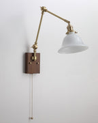 Wall Lamp Brass and Glass Shade Walnut Wood Base Adjustable Arm Vintage