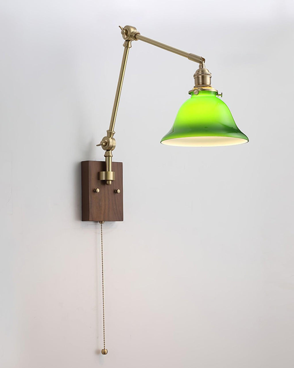 Wall Lamp Brass and Glass Shade Walnut Wood Base Adjustable Arm Vintage