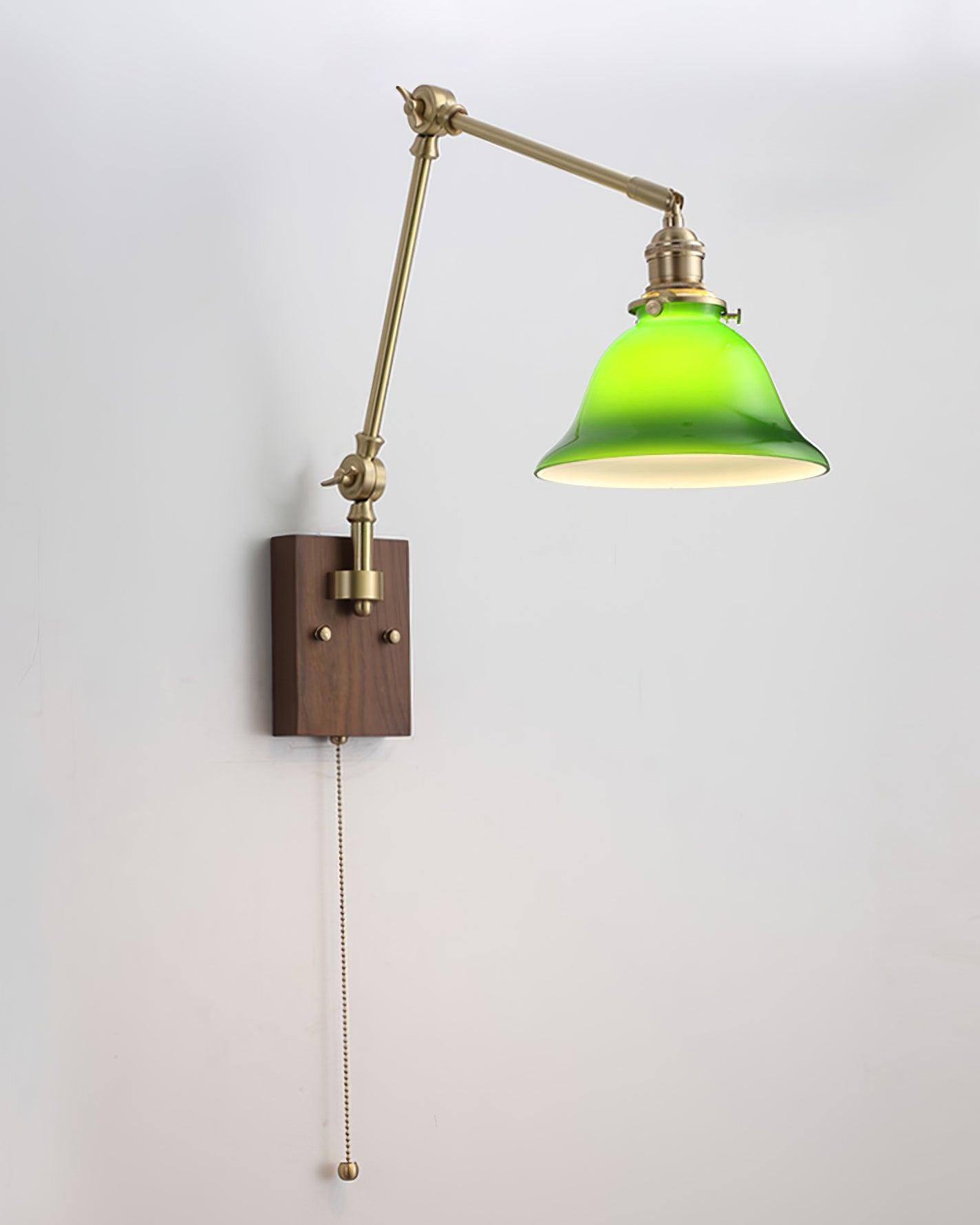 Wall Lamp Brass and Glass Shade Walnut Wood Base Adjustable Arm Vintage