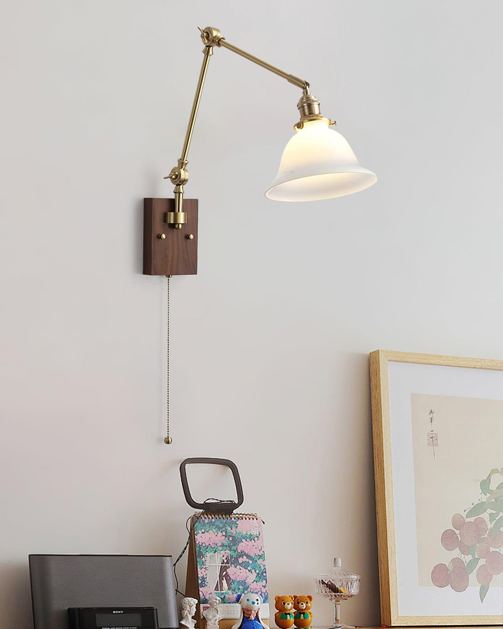 Wall Lamp Brass and Glass Shade Walnut Wood Base Adjustable Arm Vintage