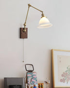 Wall Lamp Brass and Glass Shade Walnut Wood Base Adjustable Arm Vintage