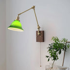 Wall Lamp Brass and Glass Shade Walnut Wood Base Adjustable Arm Vintage