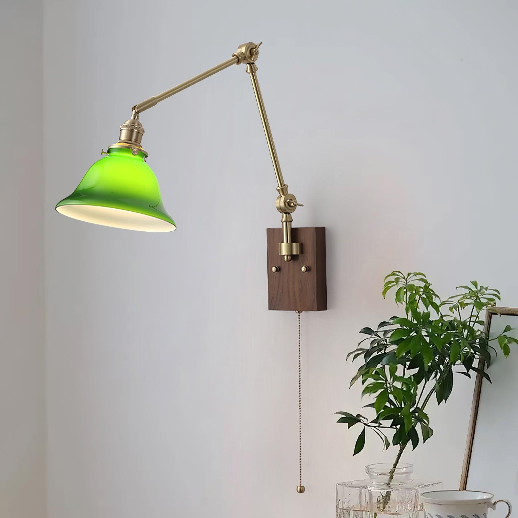 Wall Lamp Brass and Glass Shade Walnut Wood Base Adjustable Arm Vintage