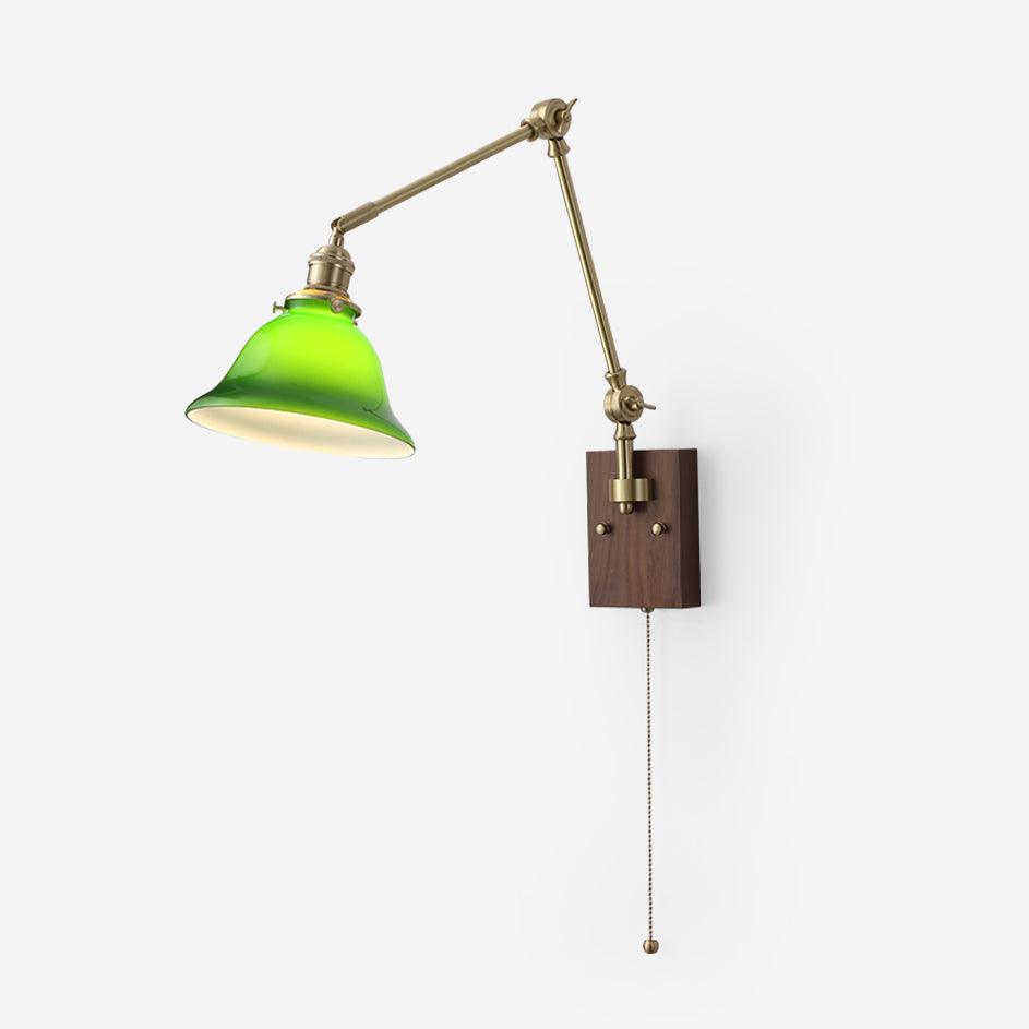 Wall Lamp Brass and Glass Shade Walnut Wood Base Adjustable Arm Vintage