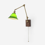 Wall Lamp Brass and Glass Shade Walnut Wood Base Adjustable Arm Vintage