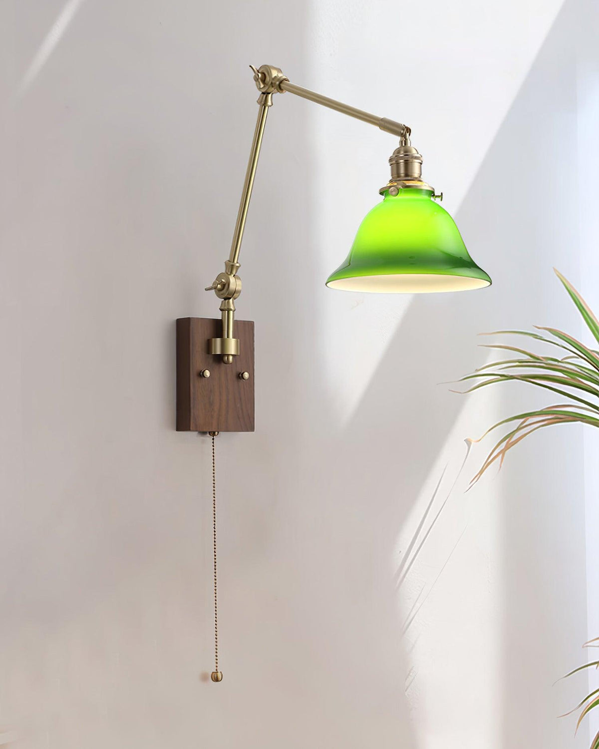 Wall Lamp Brass and Glass Shade Walnut Wood Base Adjustable Arm Vintage