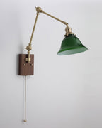 Wall Lamp Brass and Glass Shade Walnut Wood Base Adjustable Arm Vintage