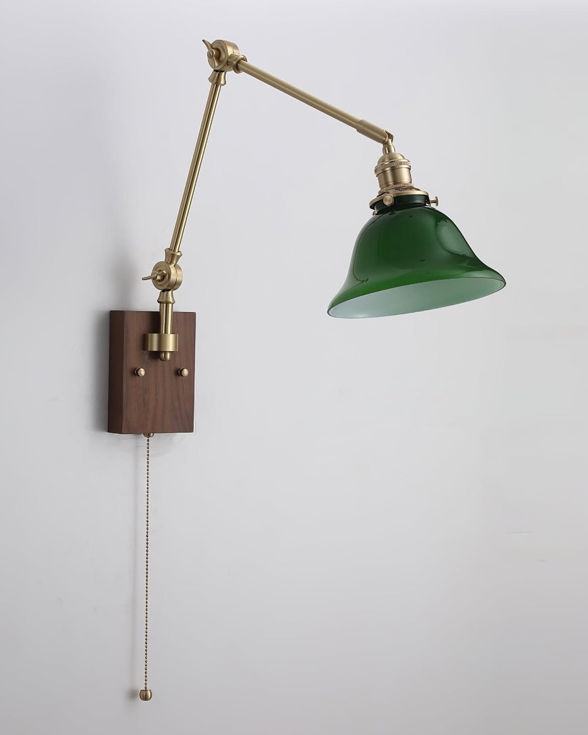 Wall Lamp Brass and Glass Shade Walnut Wood Base Adjustable Arm Vintage
