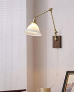 Wall Lamp Brass and Glass Shade Walnut Wood Base Adjustable Arm Vintage