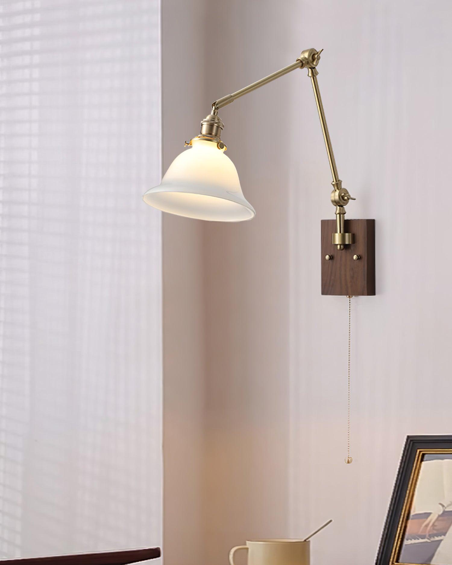 Wall Lamp Brass and Glass Shade Walnut Wood Base Adjustable Arm Vintage