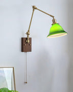 Wall Lamp Brass and Glass Shade Walnut Wood Base Adjustable Arm Vintage