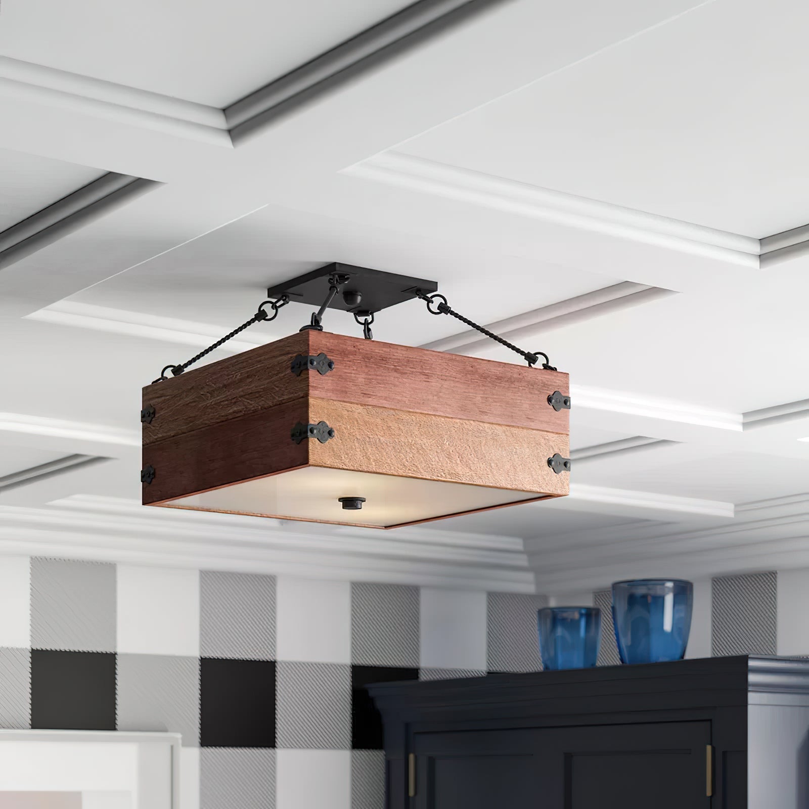 Vintage Industrial  Wooden  Semi-Flush Ceiling Lamp