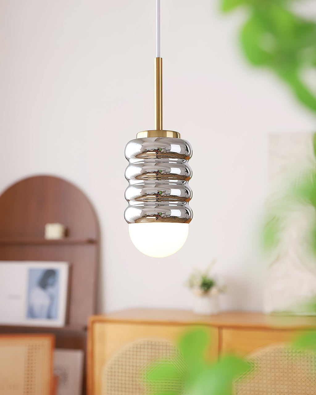 Pendant Lamp Ribbed Ceramic Shade Brass Warm Midcentury