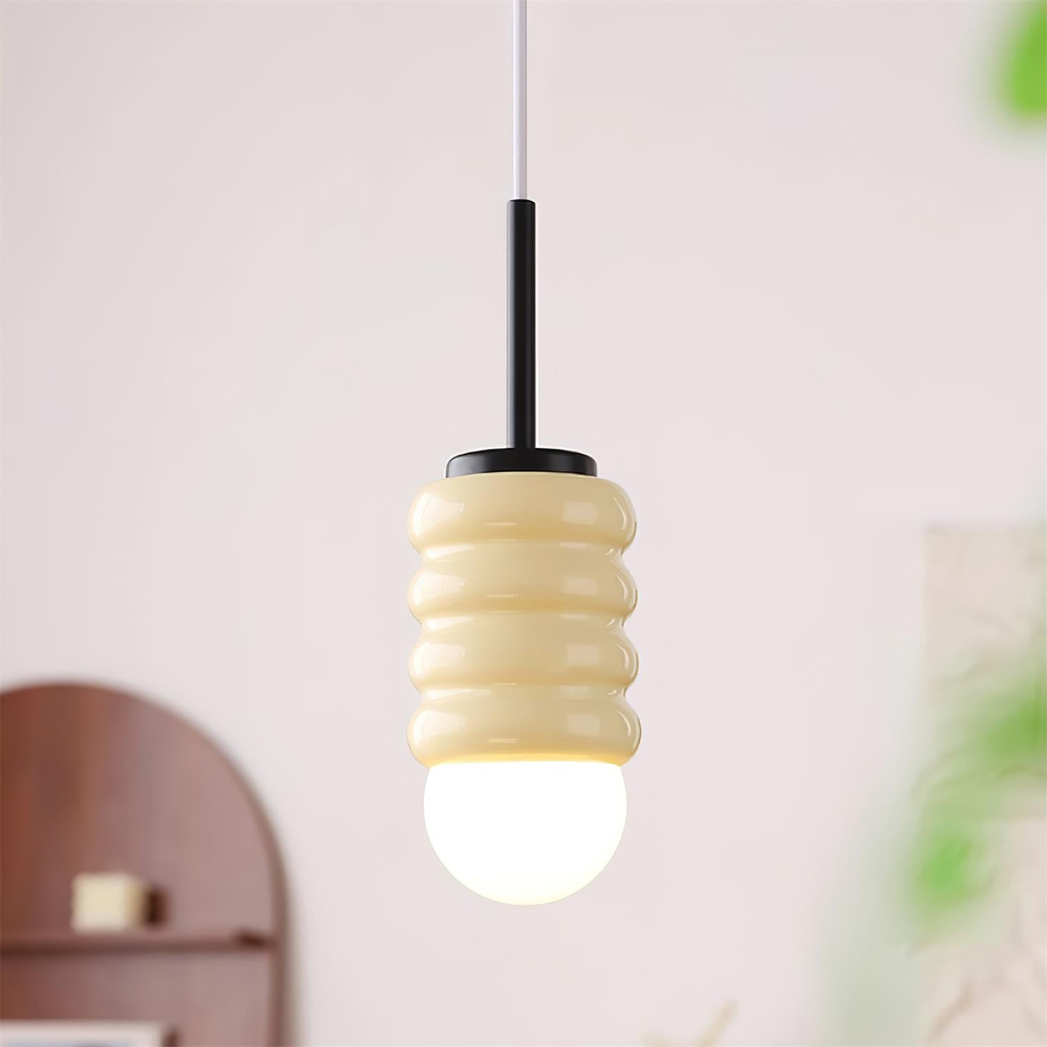 Pendant Lamp Ribbed Ceramic Shade Brass Warm Midcentury