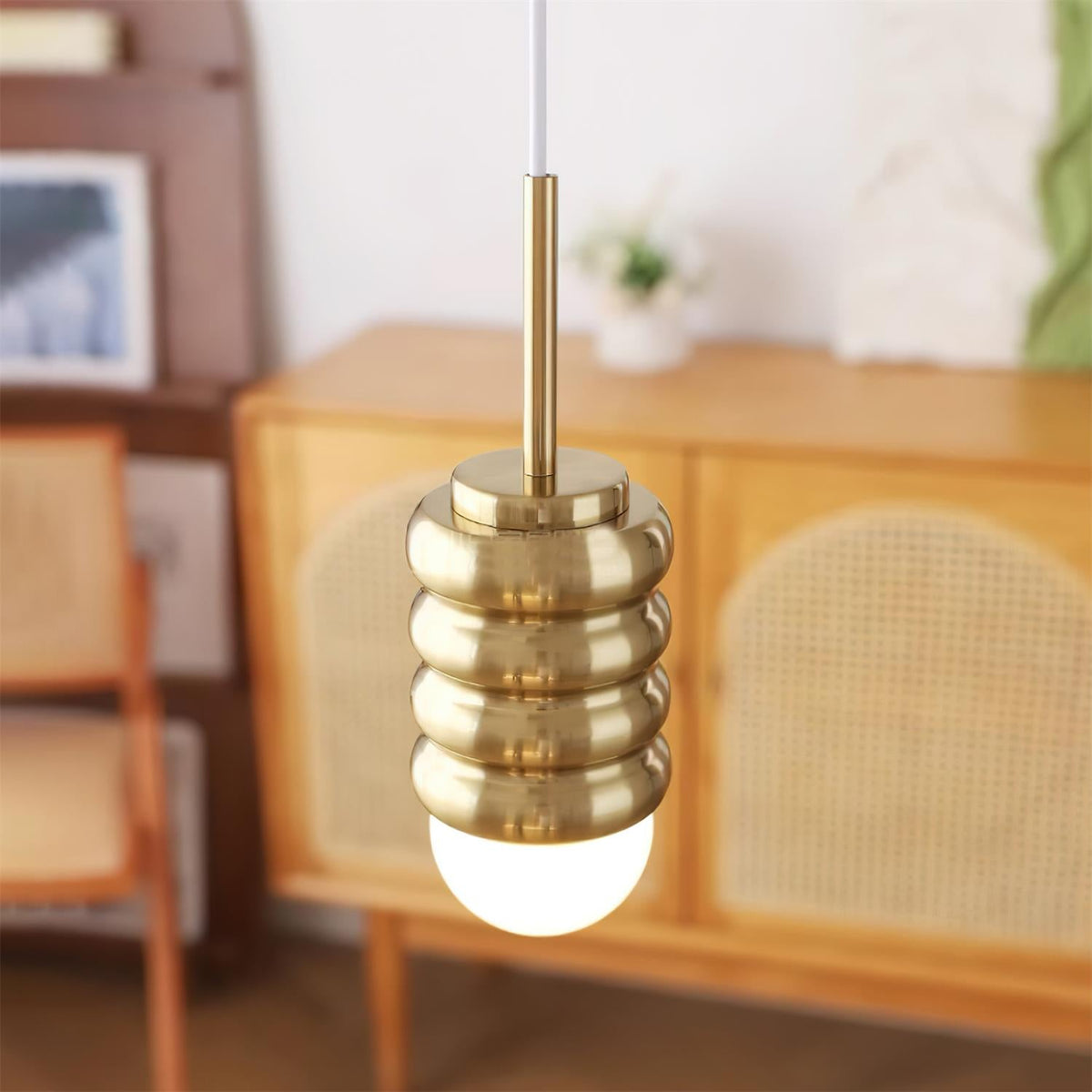 Pendant Lamp Ribbed Ceramic Shade Brass Warm Midcentury