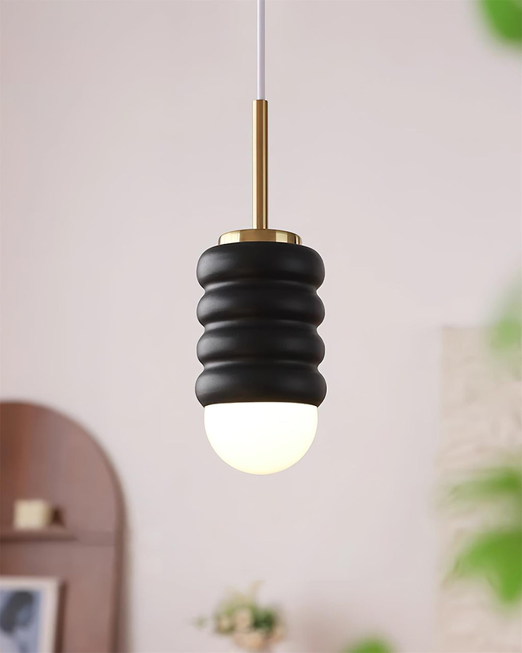 Pendant Lamp Ribbed Ceramic Shade Brass Warm Midcentury