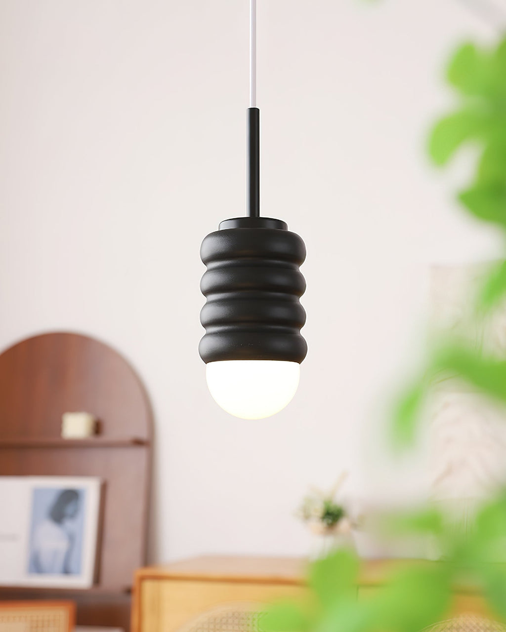 Pendant Lamp Ribbed Ceramic Shade Brass Warm Midcentury