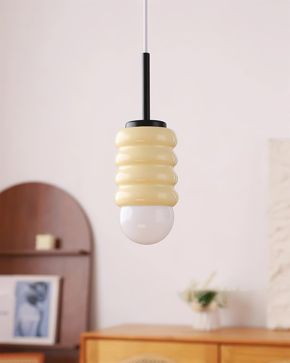 Pendant Lamp Ribbed Ceramic Shade Brass Warm Midcentury
