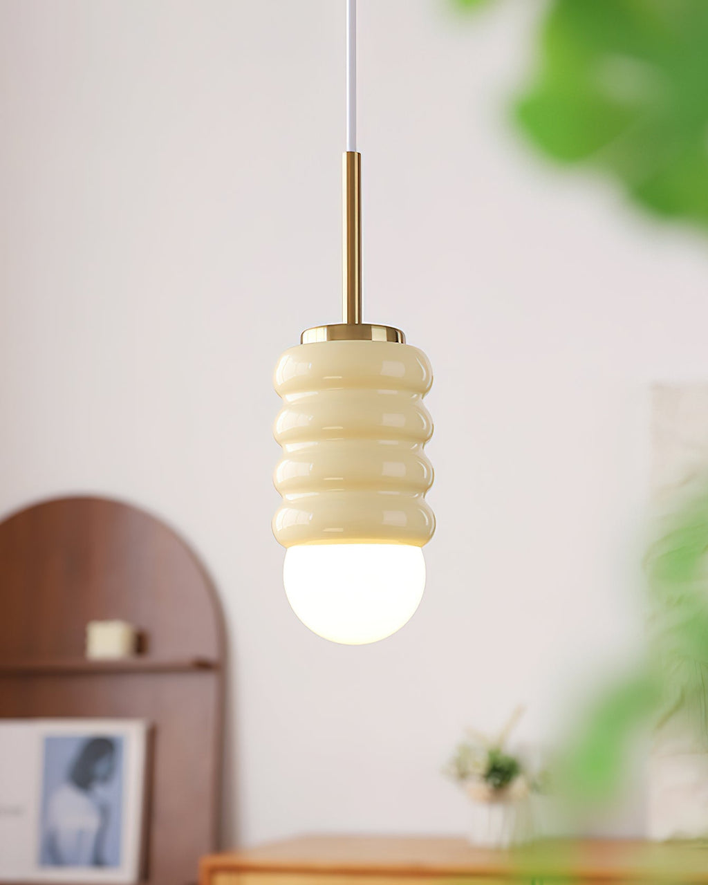 Pendant Lamp Ribbed Ceramic Shade Brass Warm Midcentury