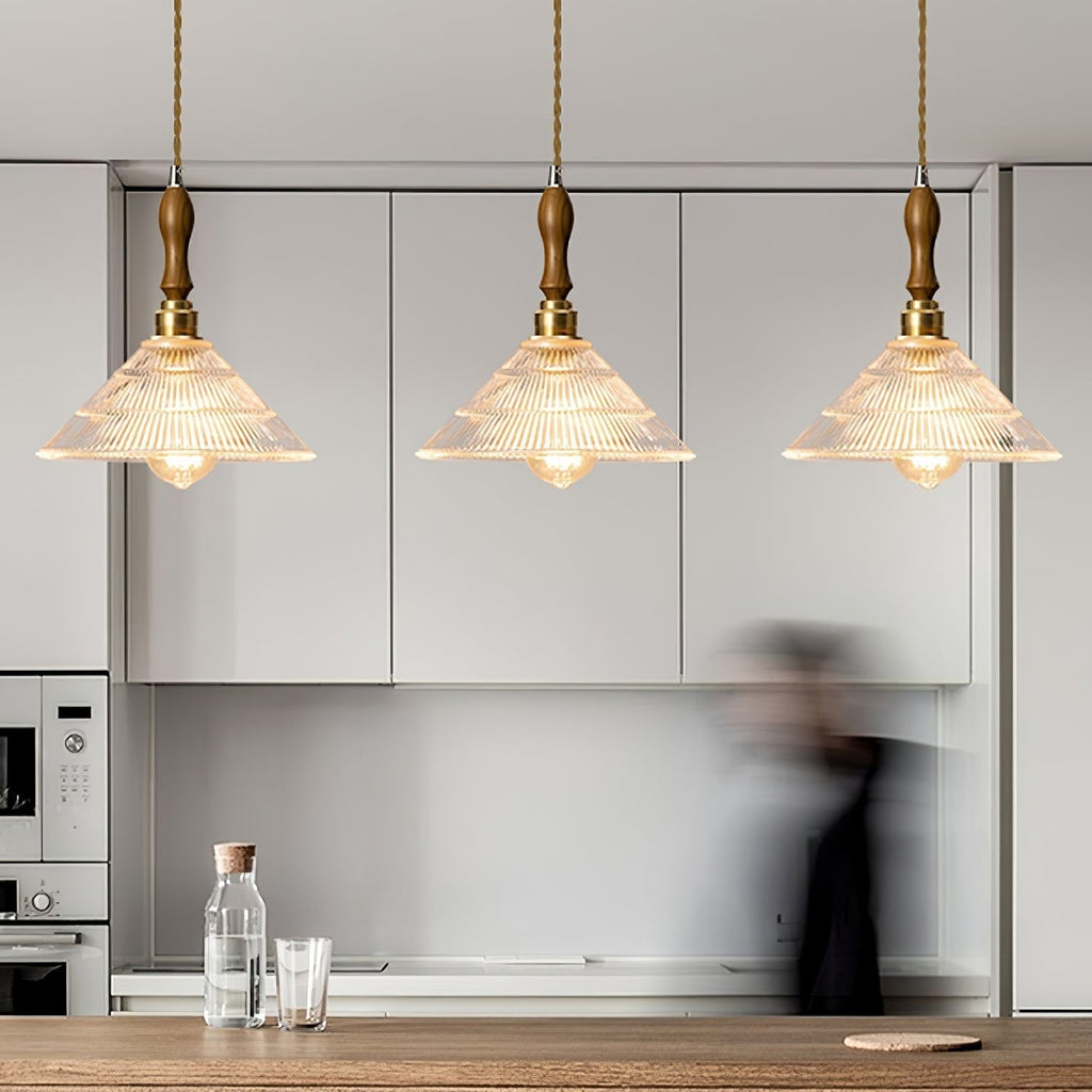 Arcara Vintage Ripple Glass Wood Pendant Lamp