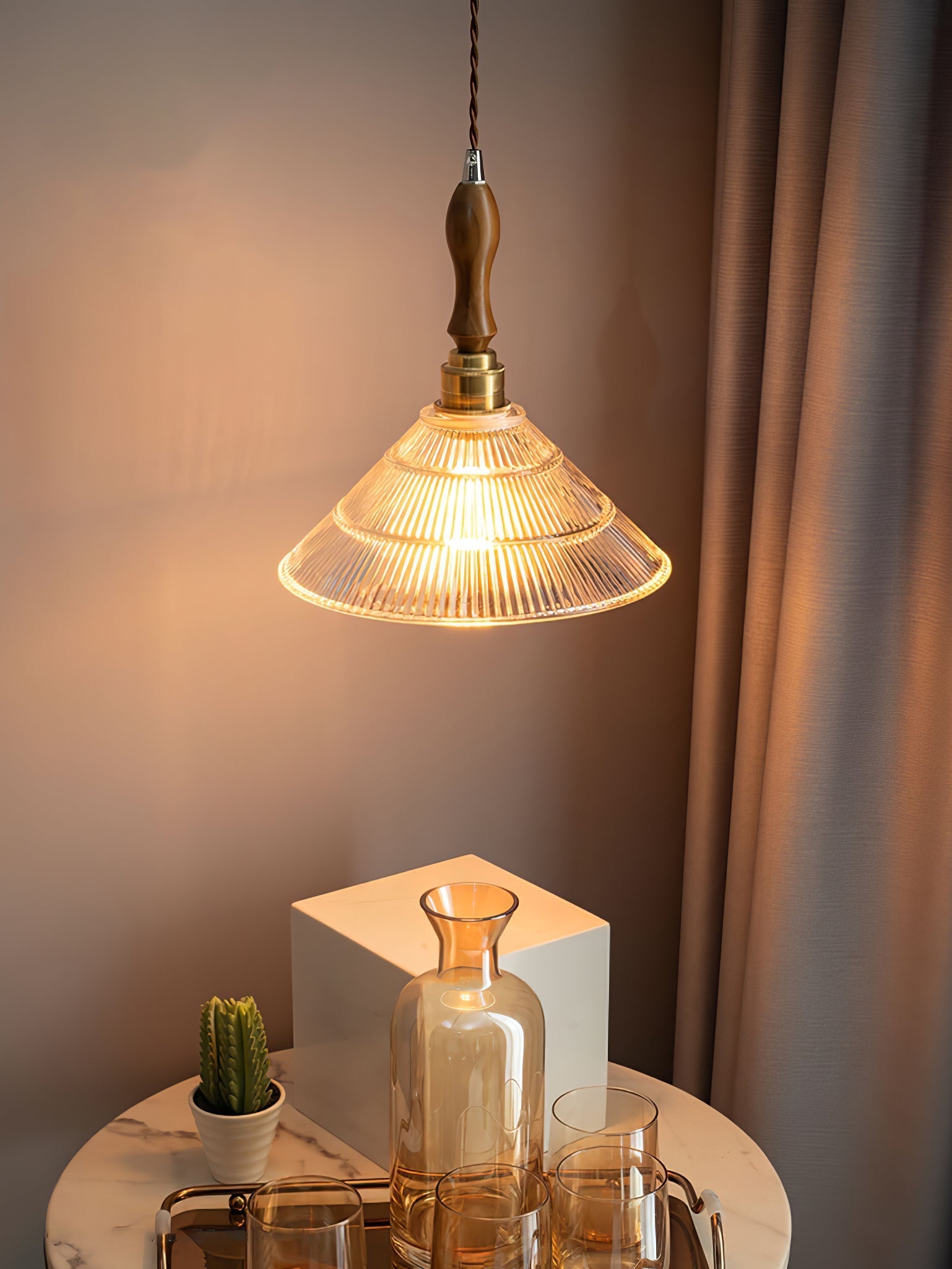 Arcara Vintage Ripple Glass Wood Pendant Lamp