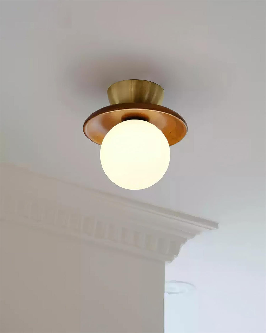 Ceiling Light Globe Opal Glass Modern Brass Walnut Accent Flush Mount