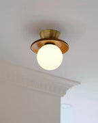 Ceiling Light Globe Opal Glass Modern Brass Walnut Accent Flush Mount