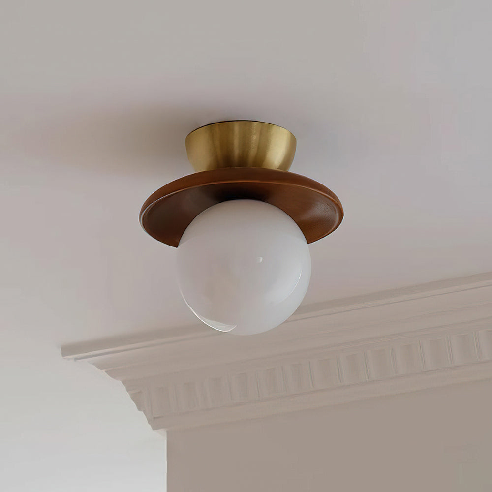 Ceiling Light Globe Opal Glass Modern Brass Walnut Accent Flush Mount