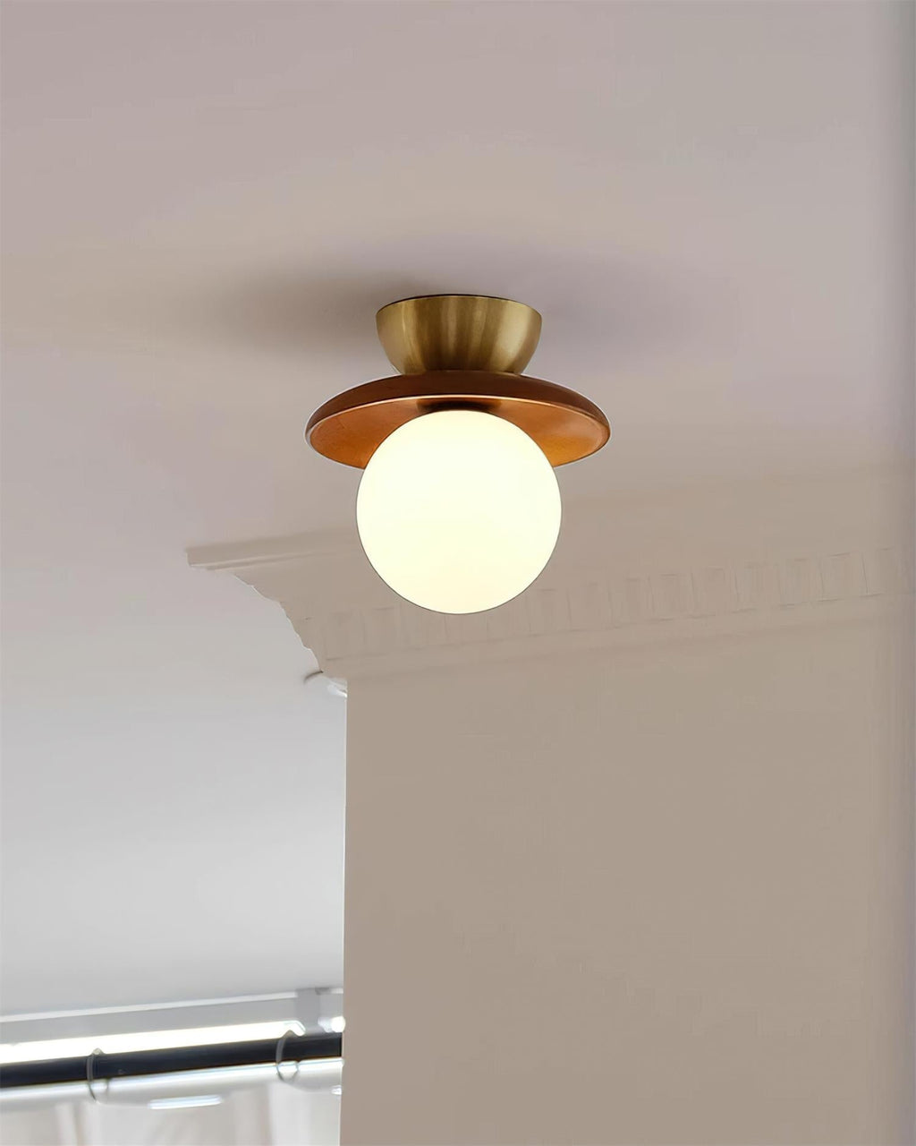 Ceiling Light Globe Opal Glass Modern Brass Walnut Accent Flush Mount
