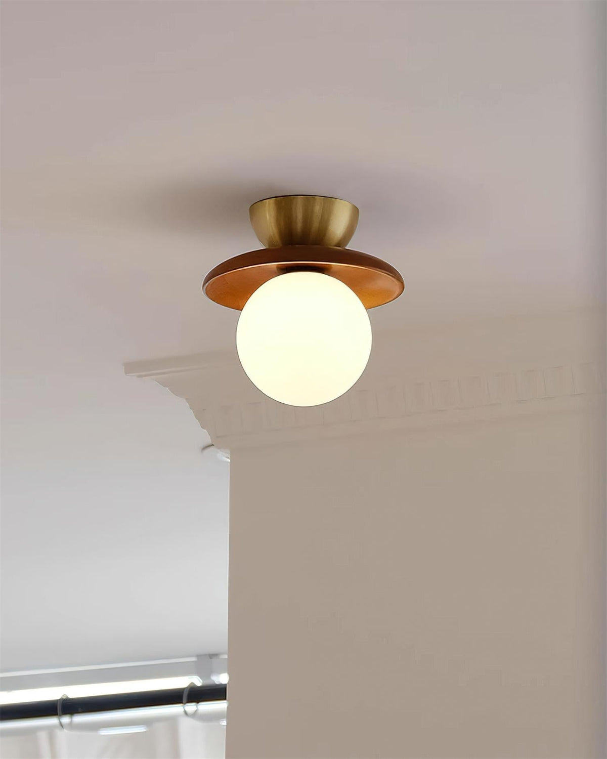Ceiling Light Globe Opal Glass Modern Brass Walnut Accent Flush Mount