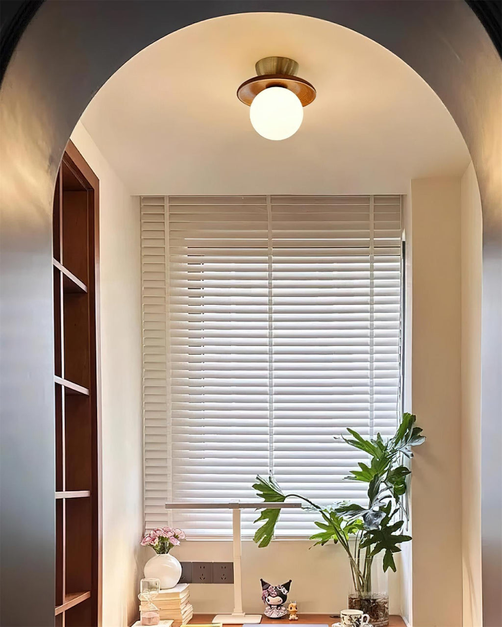 Ceiling Light Globe Opal Glass Modern Brass Walnut Accent Flush Mount
