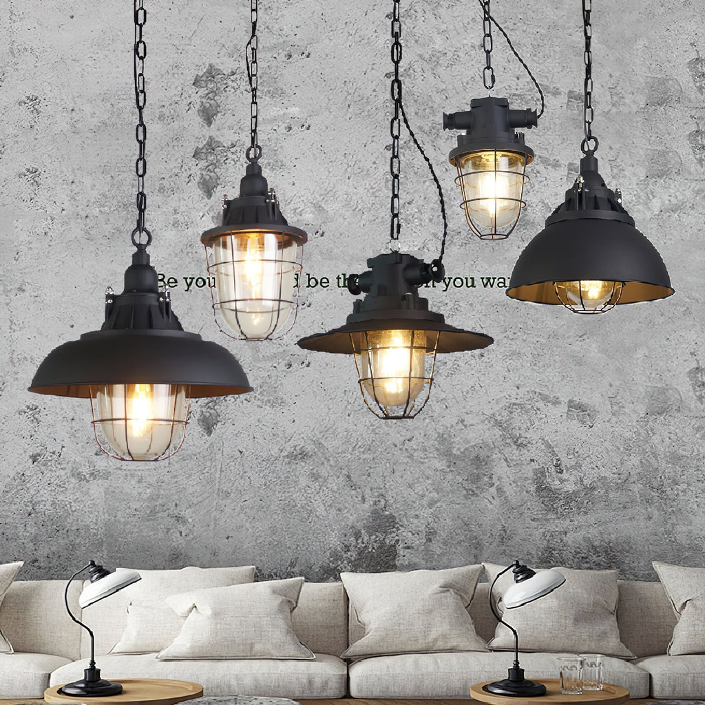 Celest Vintage Industrial Cage Glass Pendant Light
