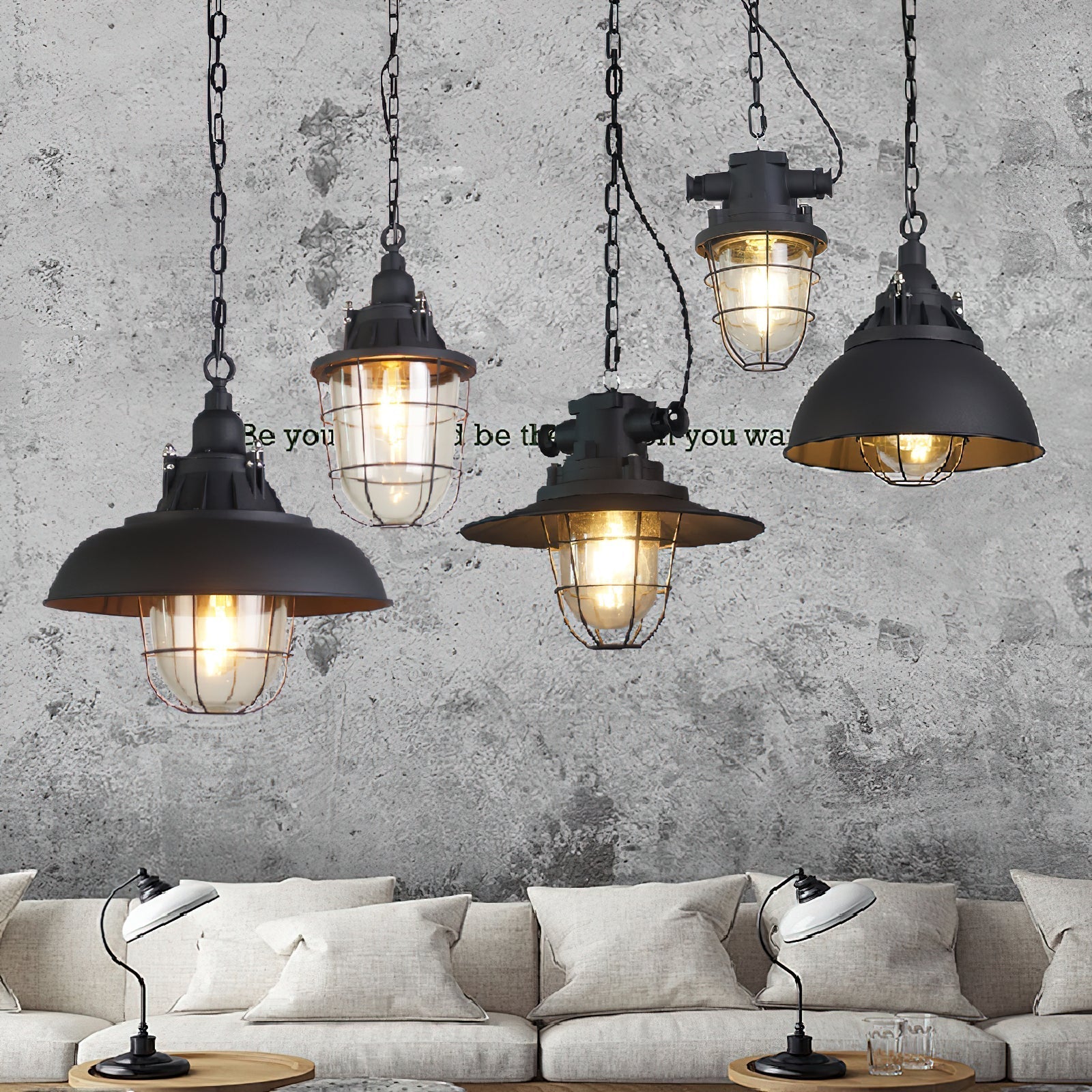 Celest Vintage Industrial Cage Glass Pendant Light