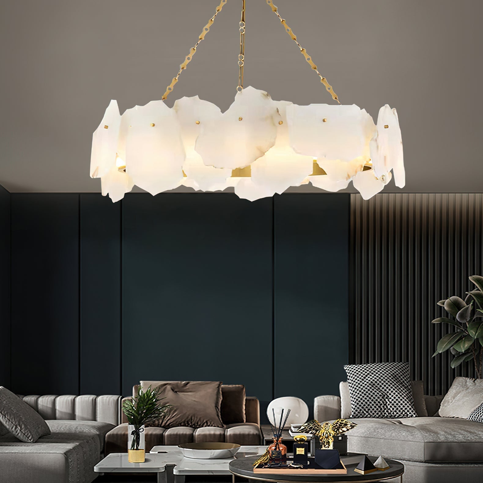 Alora Postmodern Luxury Round Brass Marble Chandelier
