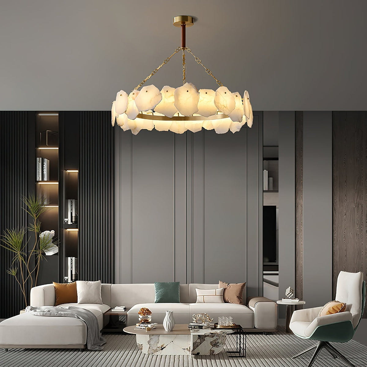 Alora Postmodern Luxury Round Brass Marble Chandelier