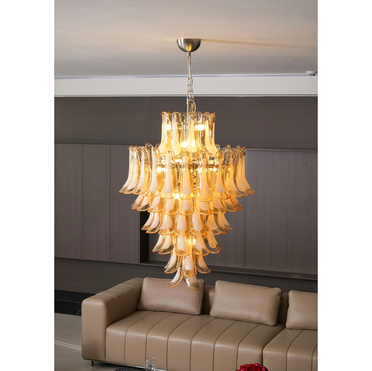 Aurora Chandelier Amber Murano Glass Petal Layered Luxury