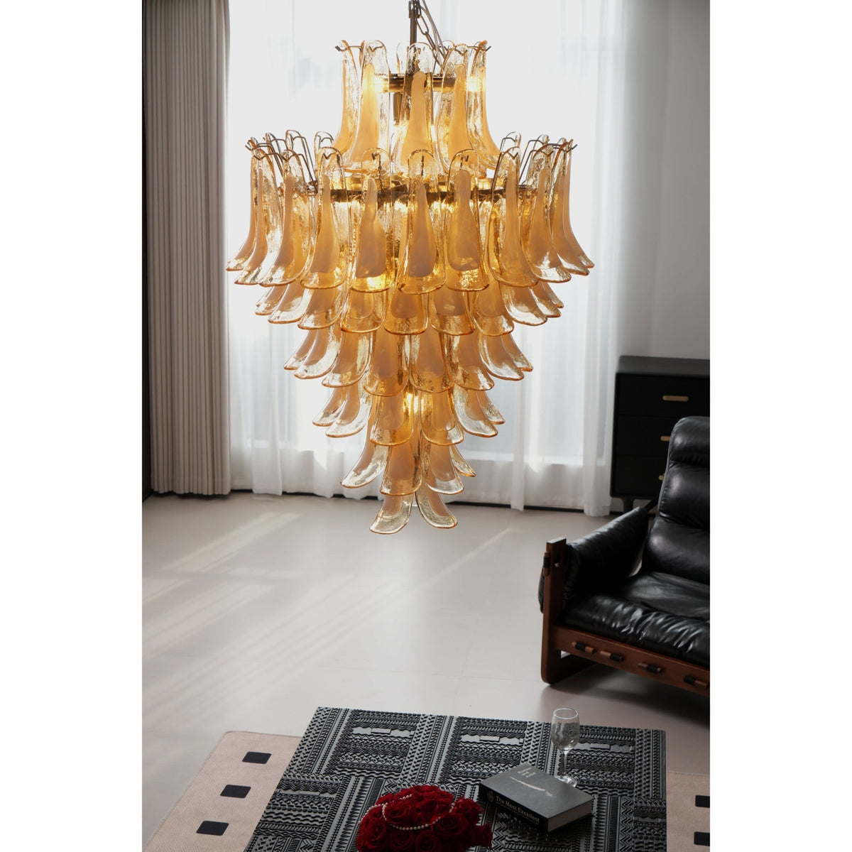 Aurora Chandelier Amber Murano Glass Petal Layered Luxury