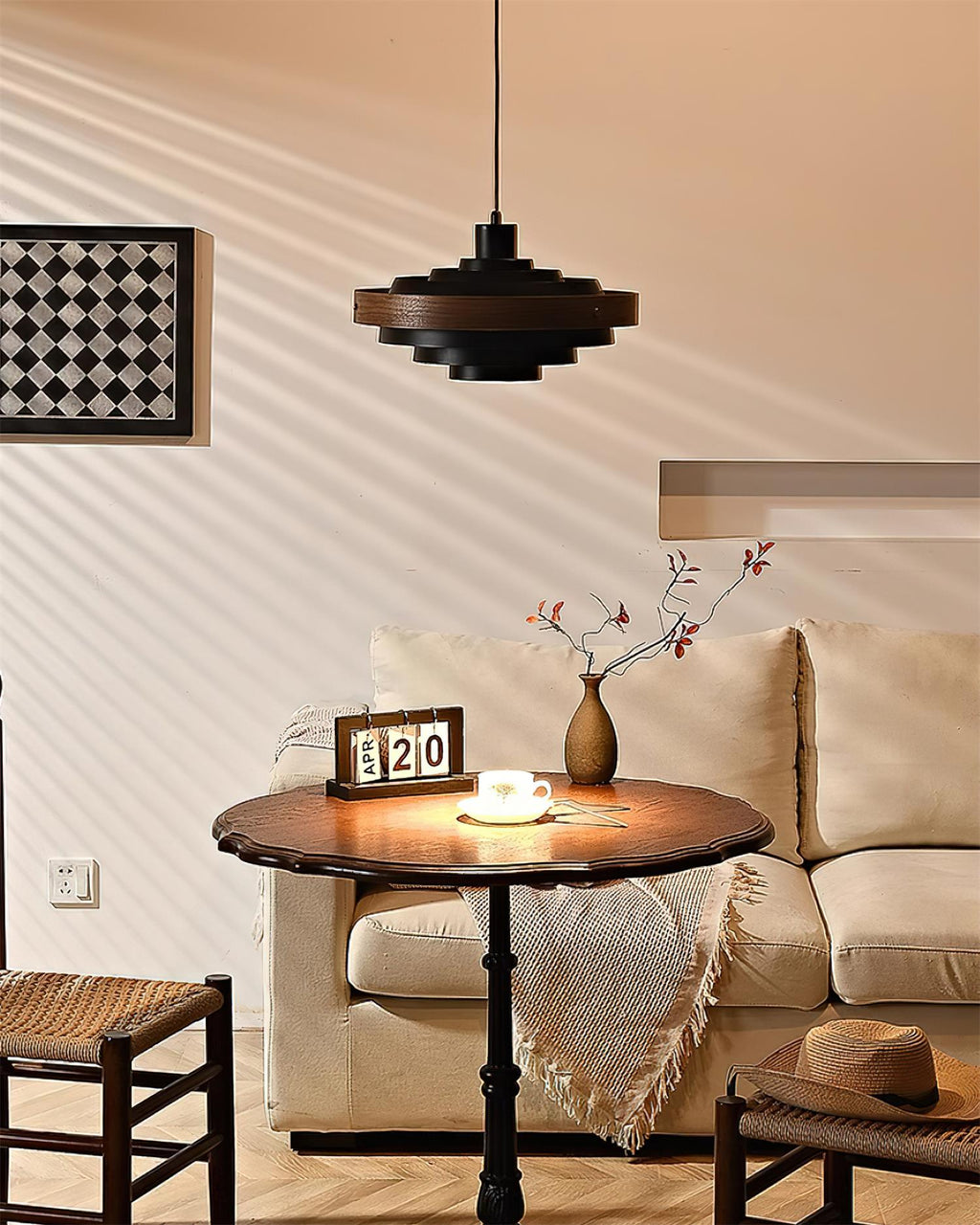 Pendant Lamp Rustic & Wood with Layered Shade Modern