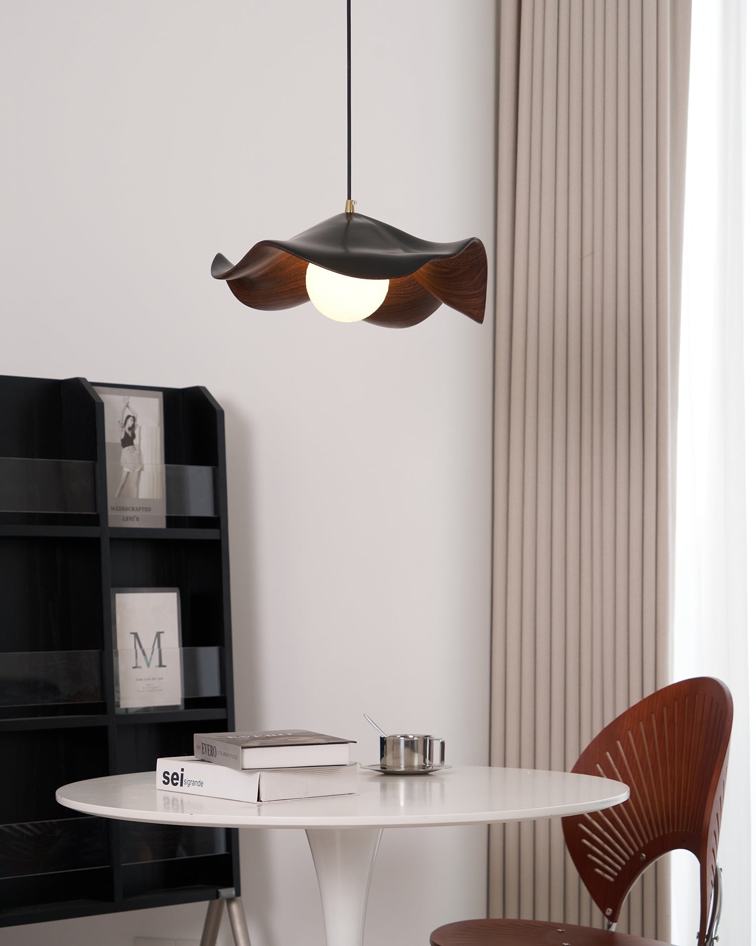 Pendant Lamp Resin Shade in White and Walnut for Living and Dining Room